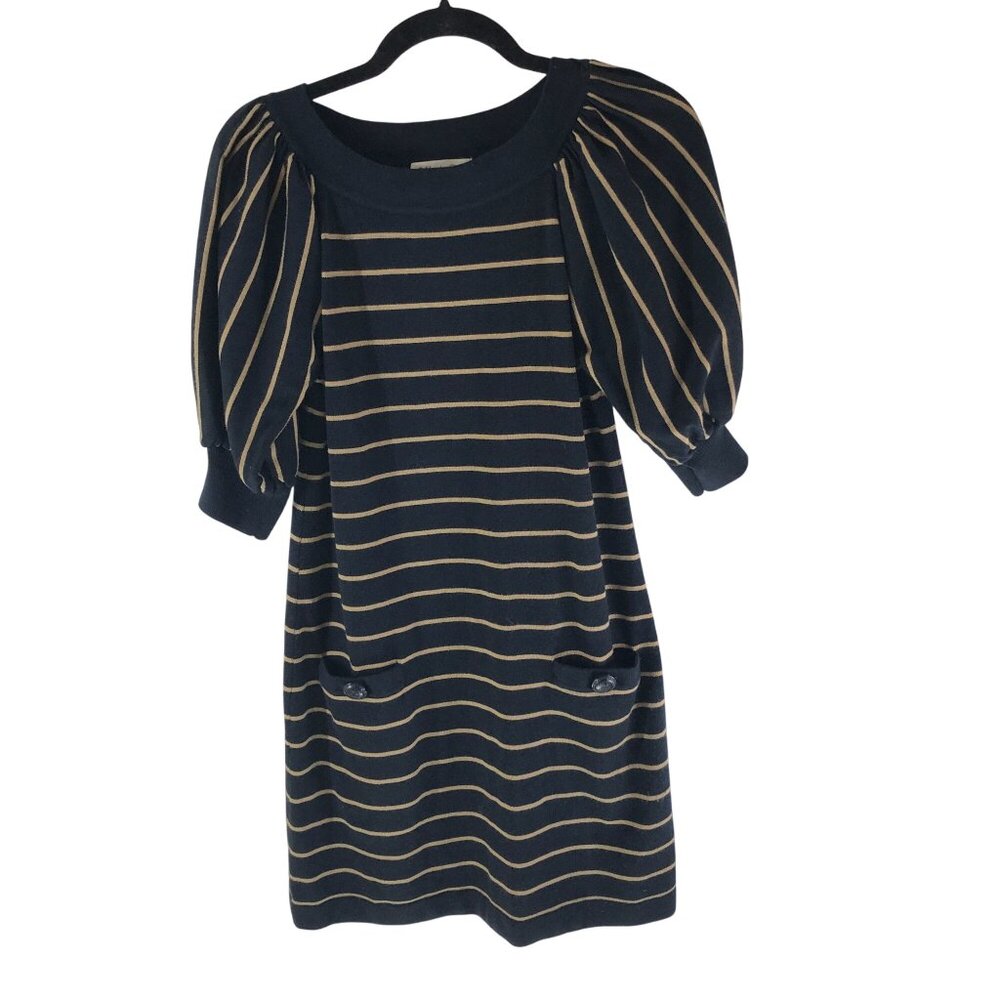 Coldwater Creek Navy Beige Striped Puff Sleeve Sweater Dress Pockets XS